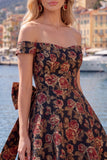 Black A Line Off the Shoulder Floral Short Homecoming Dress with Bow