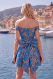Black A Line Off the Shoulder Floral Short Homecoming Dress with Bow