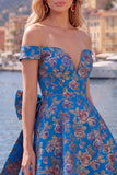 Black A Line Off the Shoulder Floral Short Homecoming Dress with Bow