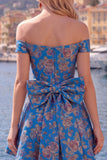 Black A Line Off the Shoulder Floral Short Homecoming Dress with Bow