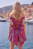 Black A Line Off the Shoulder Floral Short Homecoming Dress with Bow