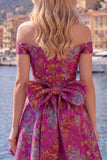 Black A Line Off the Shoulder Floral Short Homecoming Dress with Bow