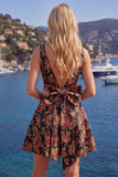 Red A Line V-Neck Floral Short Homecoming Dress with Bow