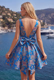 Red A Line V-Neck Floral Short Homecoming Dress with Bow