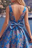 Red A Line V-Neck Floral Short Homecoming Dress with Bow
