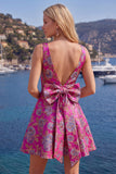 Red A Line V-Neck Floral Short Homecoming Dress with Bow