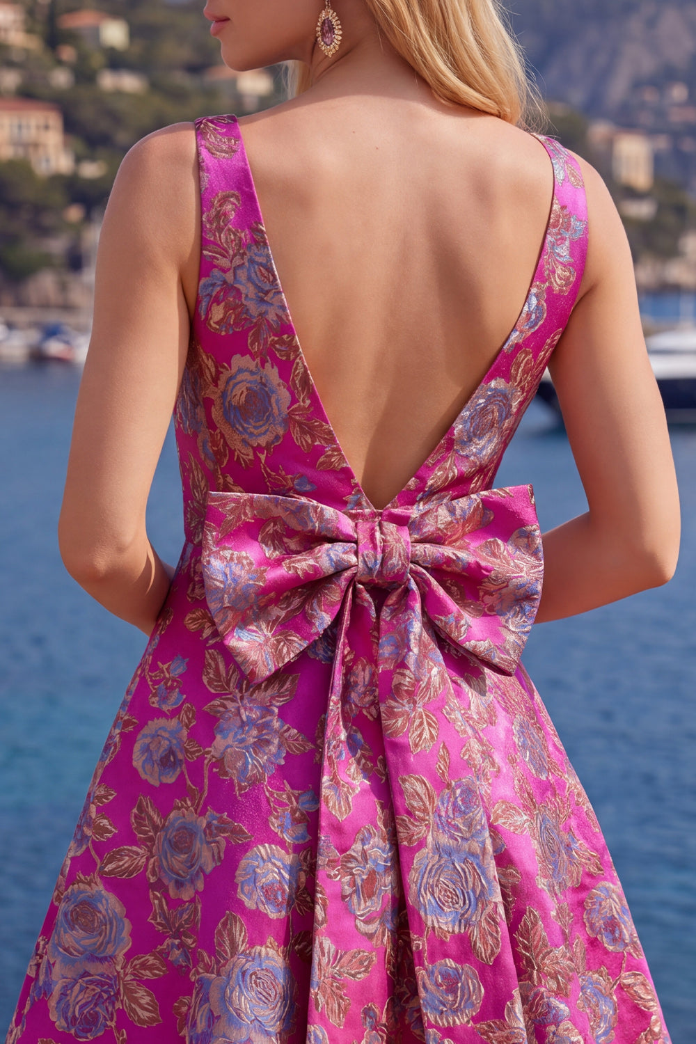 Red A Line V-Neck Floral Short Homecoming Dress with Bow