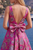 Red A Line V-Neck Floral Short Homecoming Dress with Bow