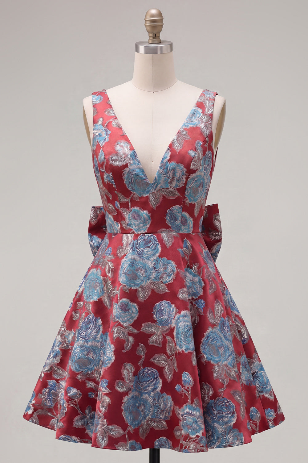 Red A Line V-Neck Floral Short Homecoming Dress with Bow