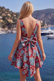 Red A Line V-Neck Floral Short Homecoming Dress with Bow