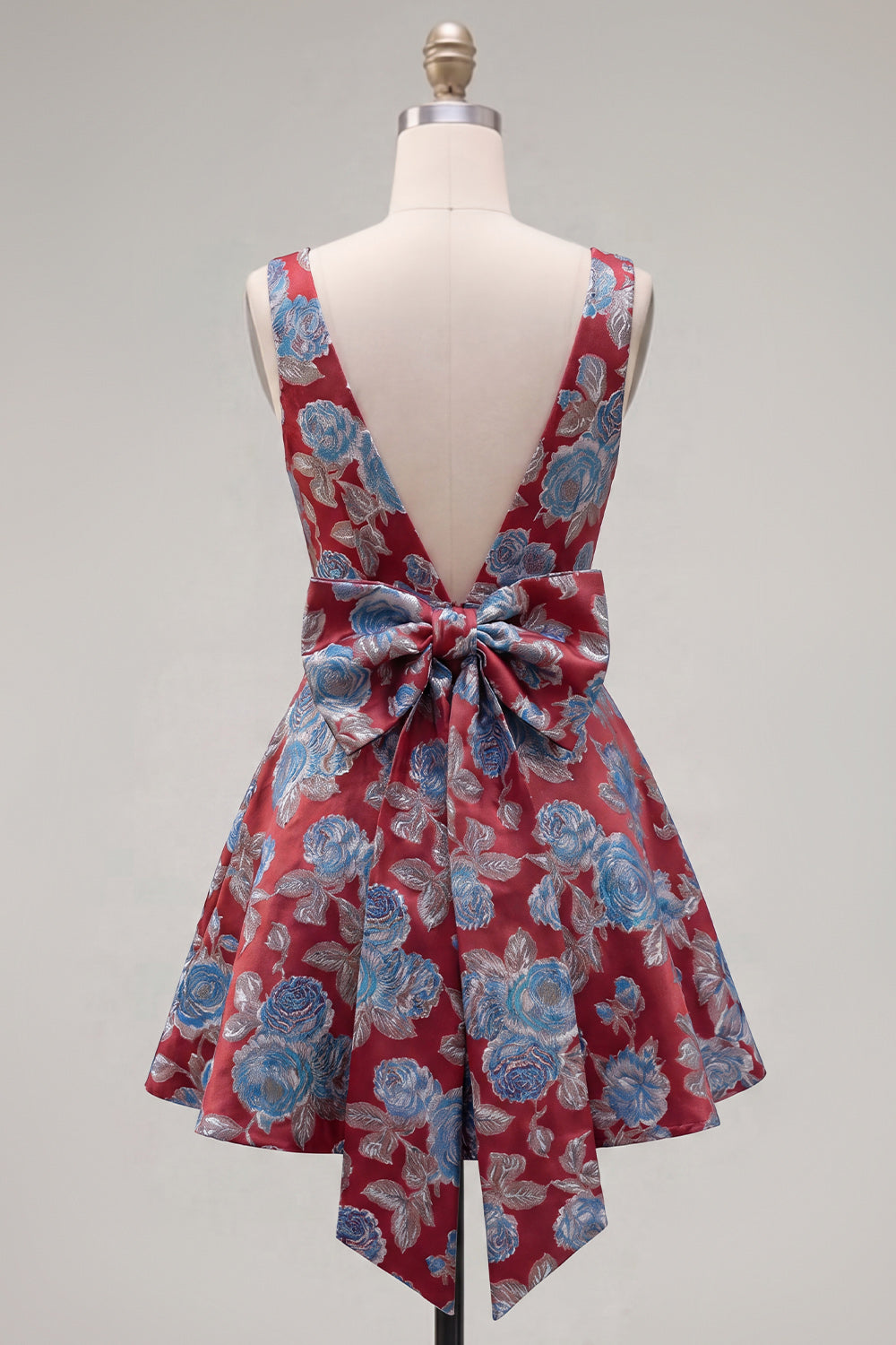 Red A Line V-Neck Floral Short Homecoming Dress with Bow