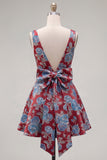 Red A Line V-Neck Floral Short Homecoming Dress with Bow