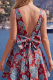Red A Line V-Neck Floral Short Homecoming Dress with Bow