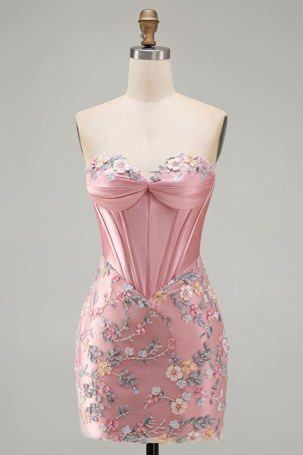 Floral Sweetheart Tight Pink Short Corset Homecoming Dress