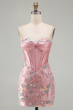 Floral Sweetheart Tight Pink Short Corset Homecoming Dress