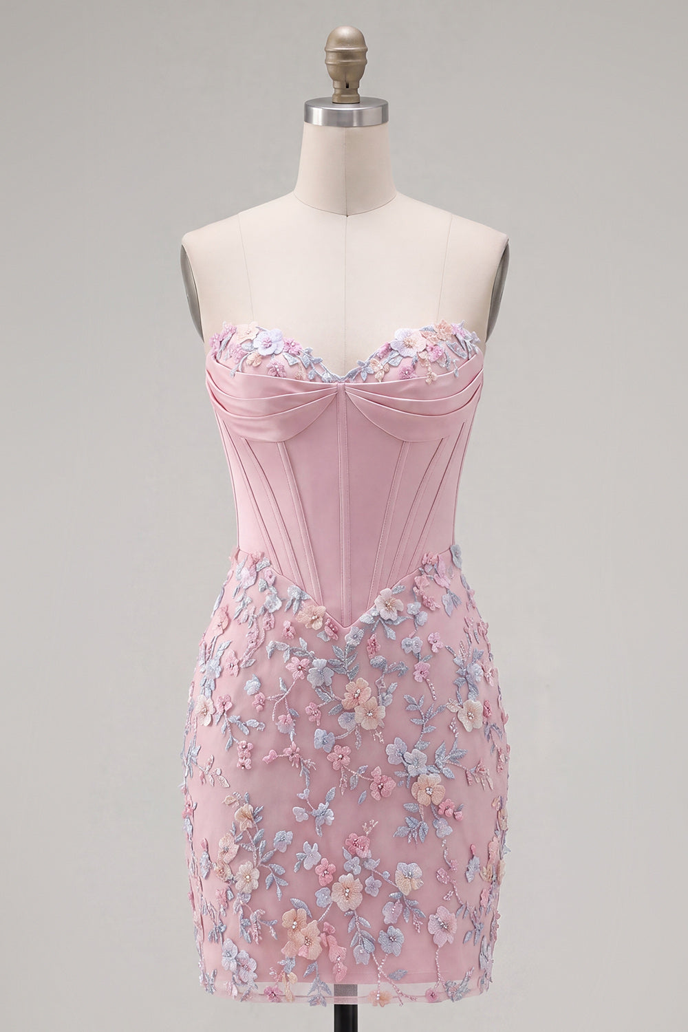 Floral Sweetheart Tight Pink Short Corset Homecoming Dress