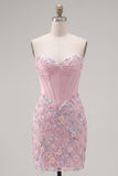 Floral Sweetheart Tight Pink Short Corset Homecoming Dress