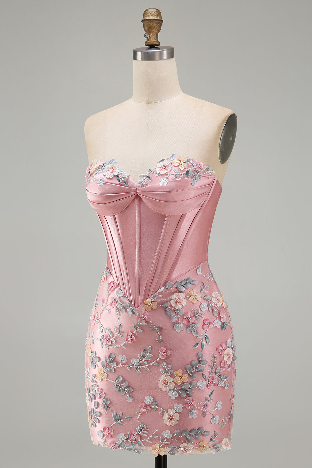 Floral Sweetheart Tight Pink Short Corset Homecoming Dress