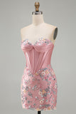 Floral Sweetheart Tight Pink Short Corset Homecoming Dress