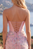 Floral Sweetheart Tight Pink Short Corset Homecoming Dress