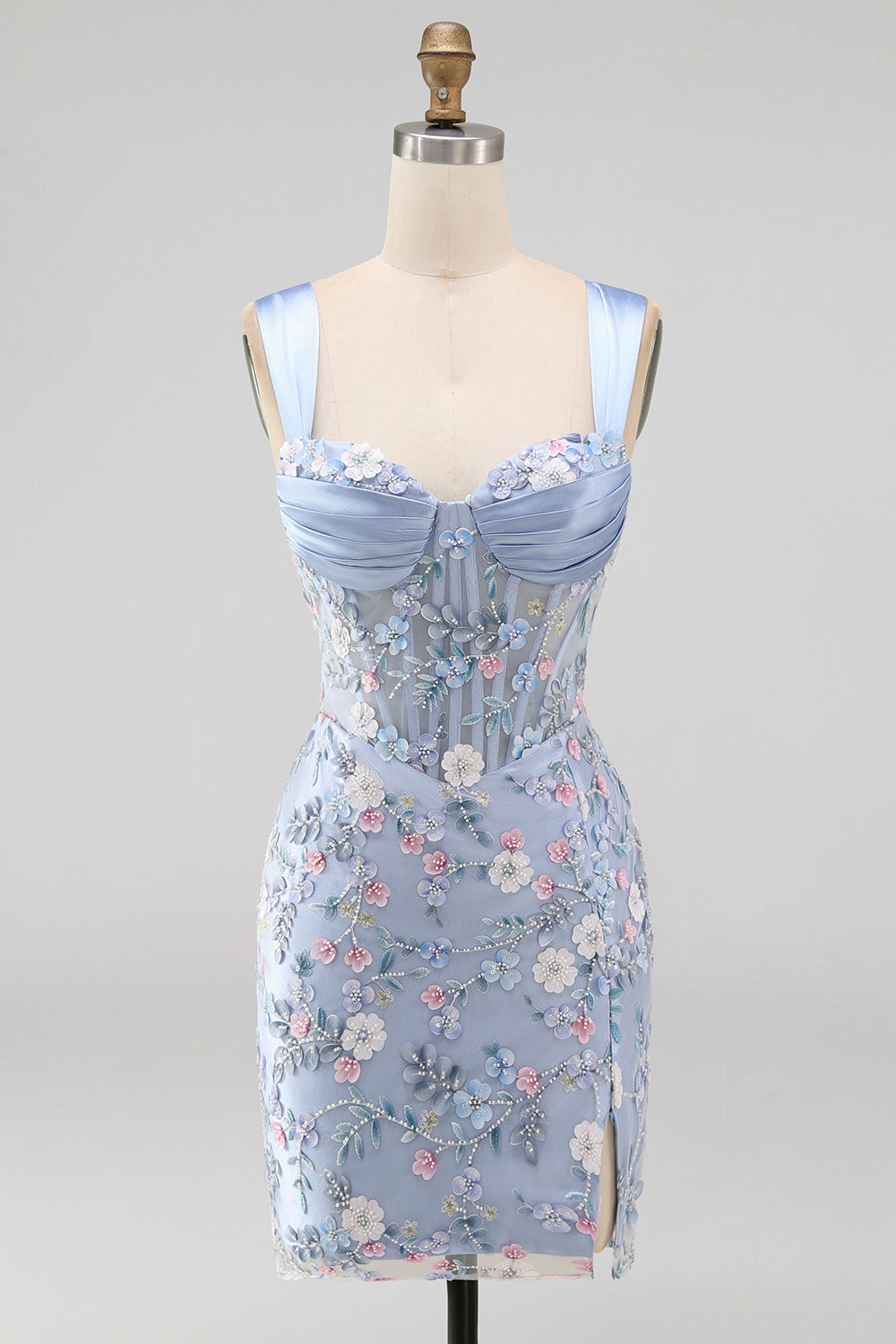 Floral Tight Blue Thick Straps Short Corset Homecoming Dress with Slit