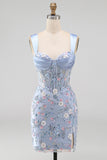 Floral Tight Blue Thick Straps Short Corset Homecoming Dress with Slit