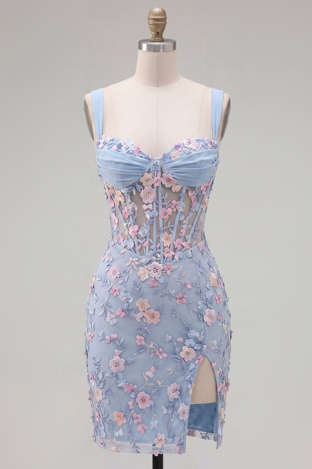 Floral Tight Blue Thick Straps Short Corset Homecoming Dress with Slit