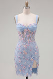 Floral Tight Blue Thick Straps Short Corset Homecoming Dress with Slit