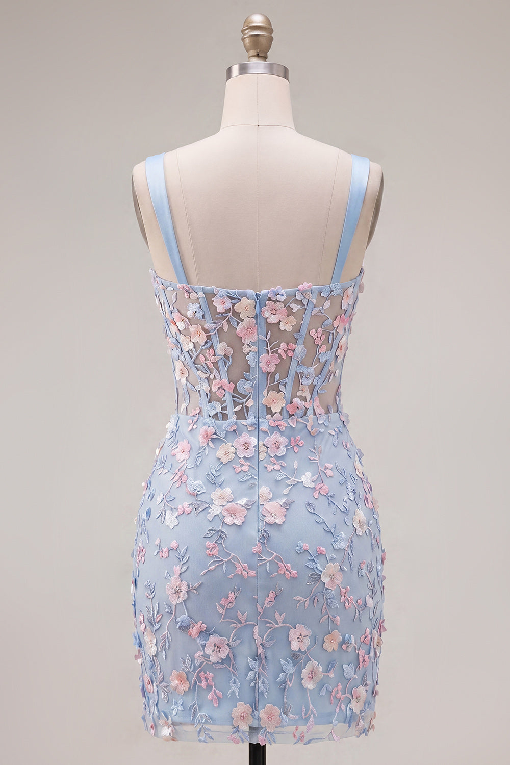 Floral Tight Blue Thick Straps Short Corset Homecoming Dress with Slit