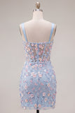 Floral Tight Blue Thick Straps Short Corset Homecoming Dress with Slit