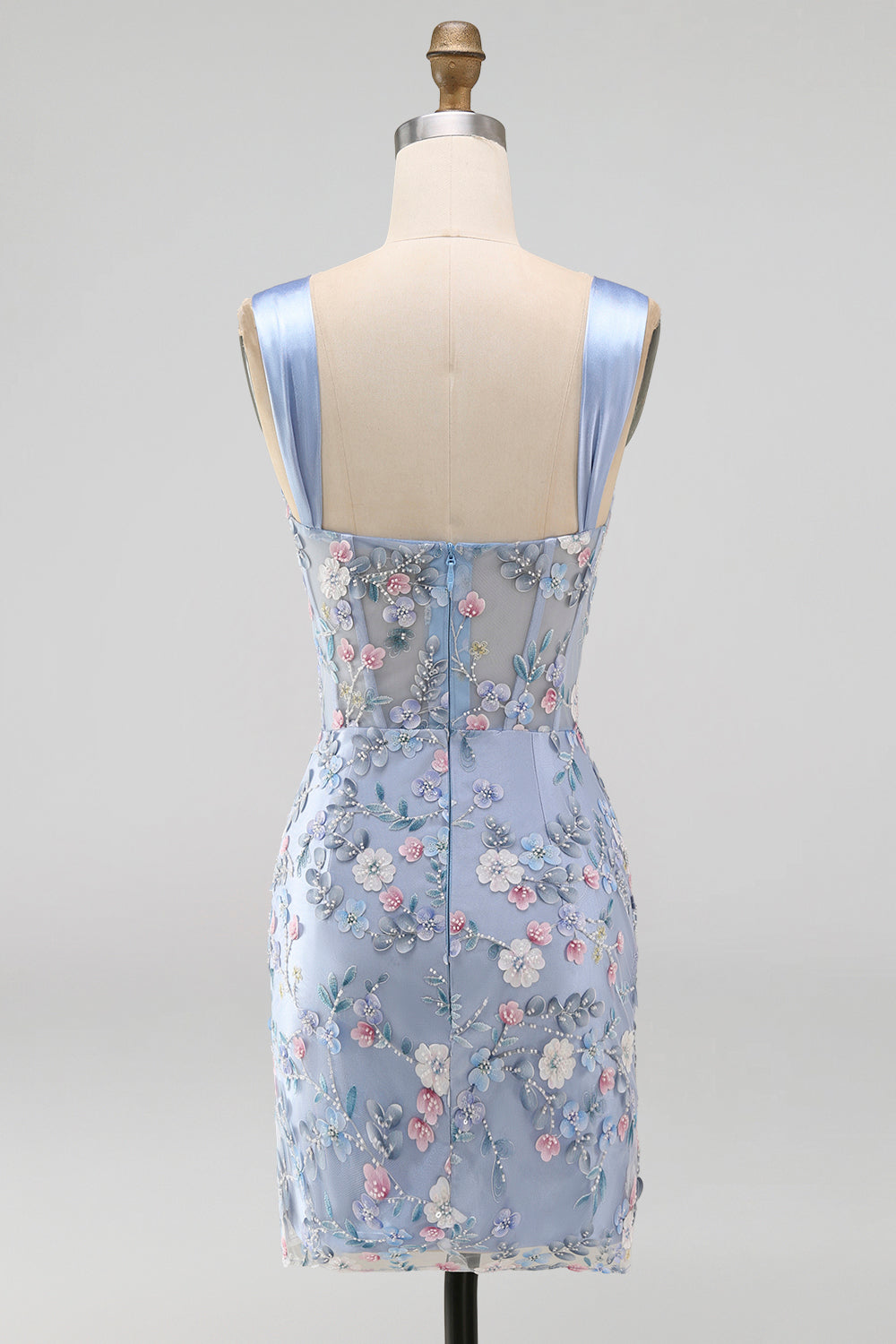 Floral Tight Blue Thick Straps Short Corset Homecoming Dress with Slit