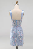 Floral Tight Blue Thick Straps Short Corset Homecoming Dress with Slit