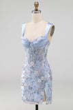 Floral Tight Blue Thick Straps Short Corset Homecoming Dress with Slit