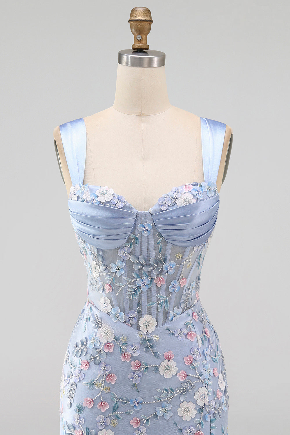 Floral Tight Blue Thick Straps Short Corset Homecoming Dress with Slit