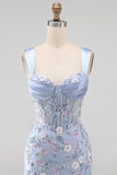 Floral Tight Blue Thick Straps Short Corset Homecoming Dress with Slit