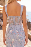Floral Tight Blue Thick Straps Short Corset Homecoming Dress with Slit