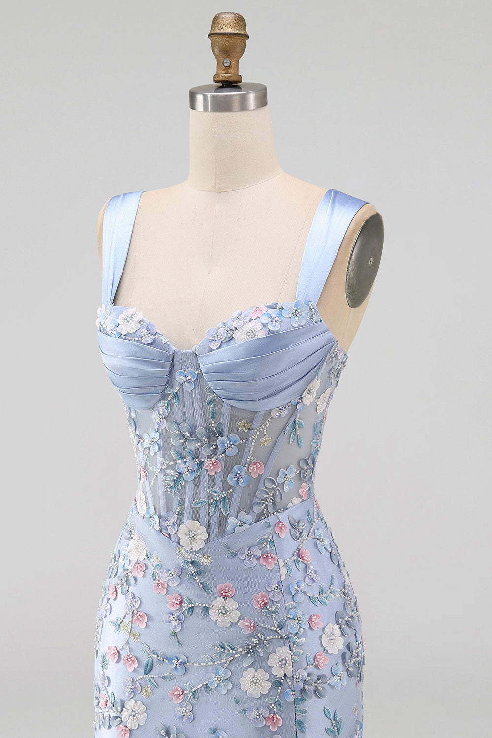 Floral Tight Blue Thick Straps Short Corset Homecoming Dress with Slit
