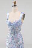 Floral Tight Blue Thick Straps Short Corset Homecoming Dress with Slit