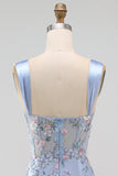 Floral Tight Blue Thick Straps Short Corset Homecoming Dress with Slit