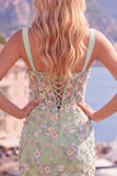 Floral Tight Blue Thick Straps Short Corset Homecoming Dress with Slit