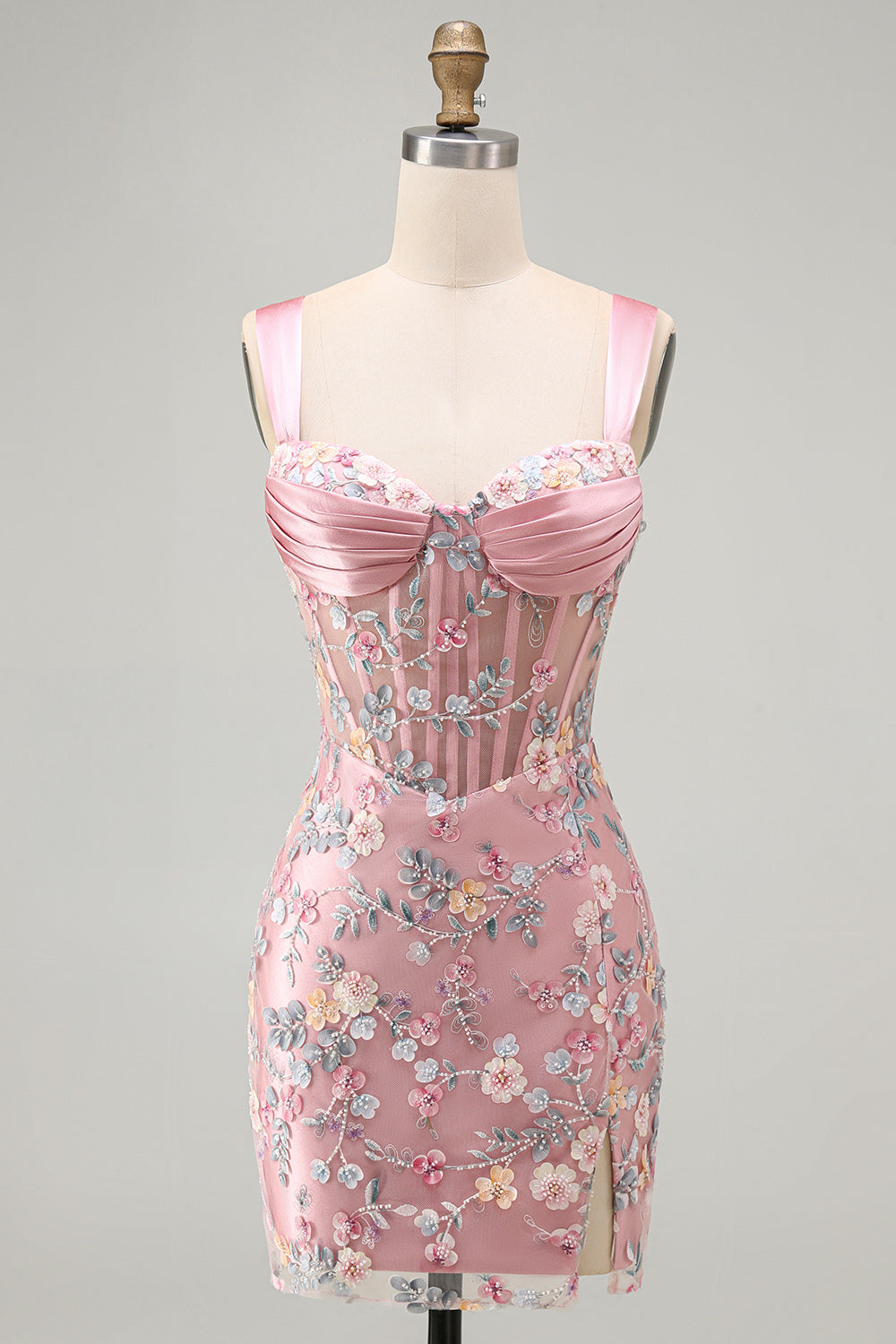 Floral Tight Blue Thick Straps Short Corset Homecoming Dress with Slit