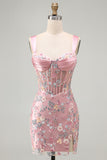 Floral Tight Blue Thick Straps Short Corset Homecoming Dress with Slit