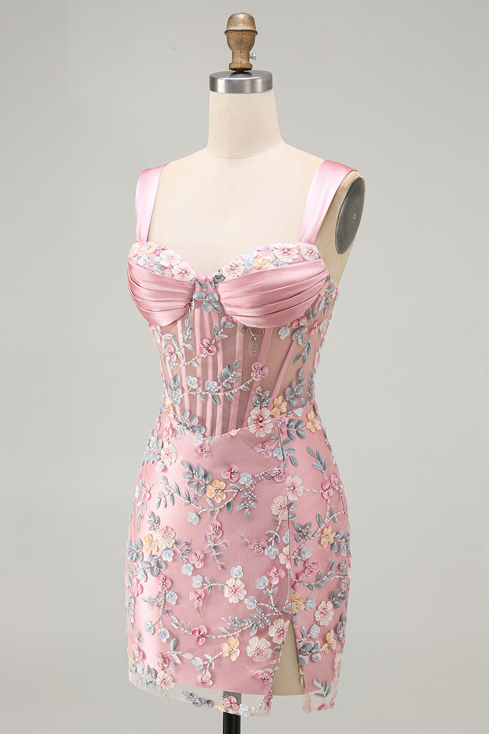 Floral Tight Blue Thick Straps Short Corset Homecoming Dress with Slit