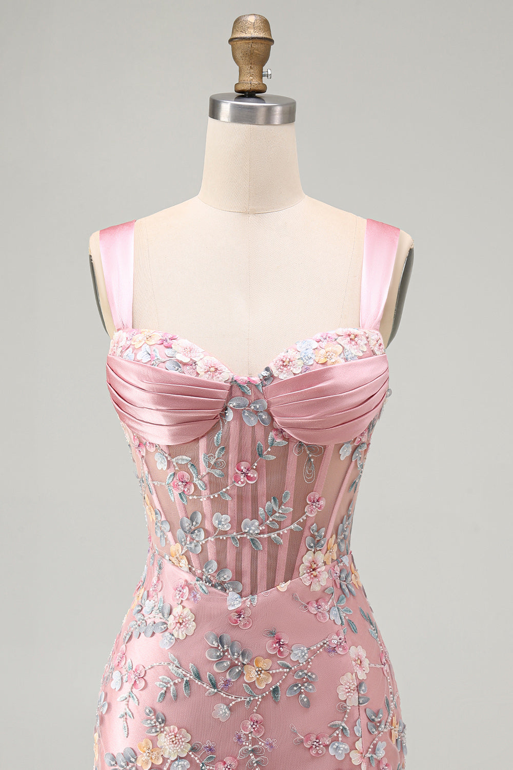Floral Tight Blue Thick Straps Short Corset Homecoming Dress with Slit