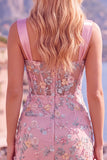 Floral Tight Blue Thick Straps Short Corset Homecoming Dress with Slit
