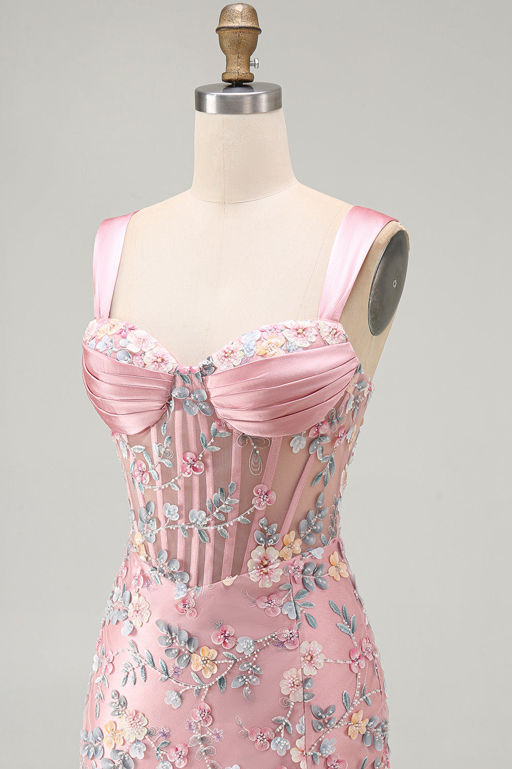 Floral Tight Blue Thick Straps Short Corset Homecoming Dress with Slit