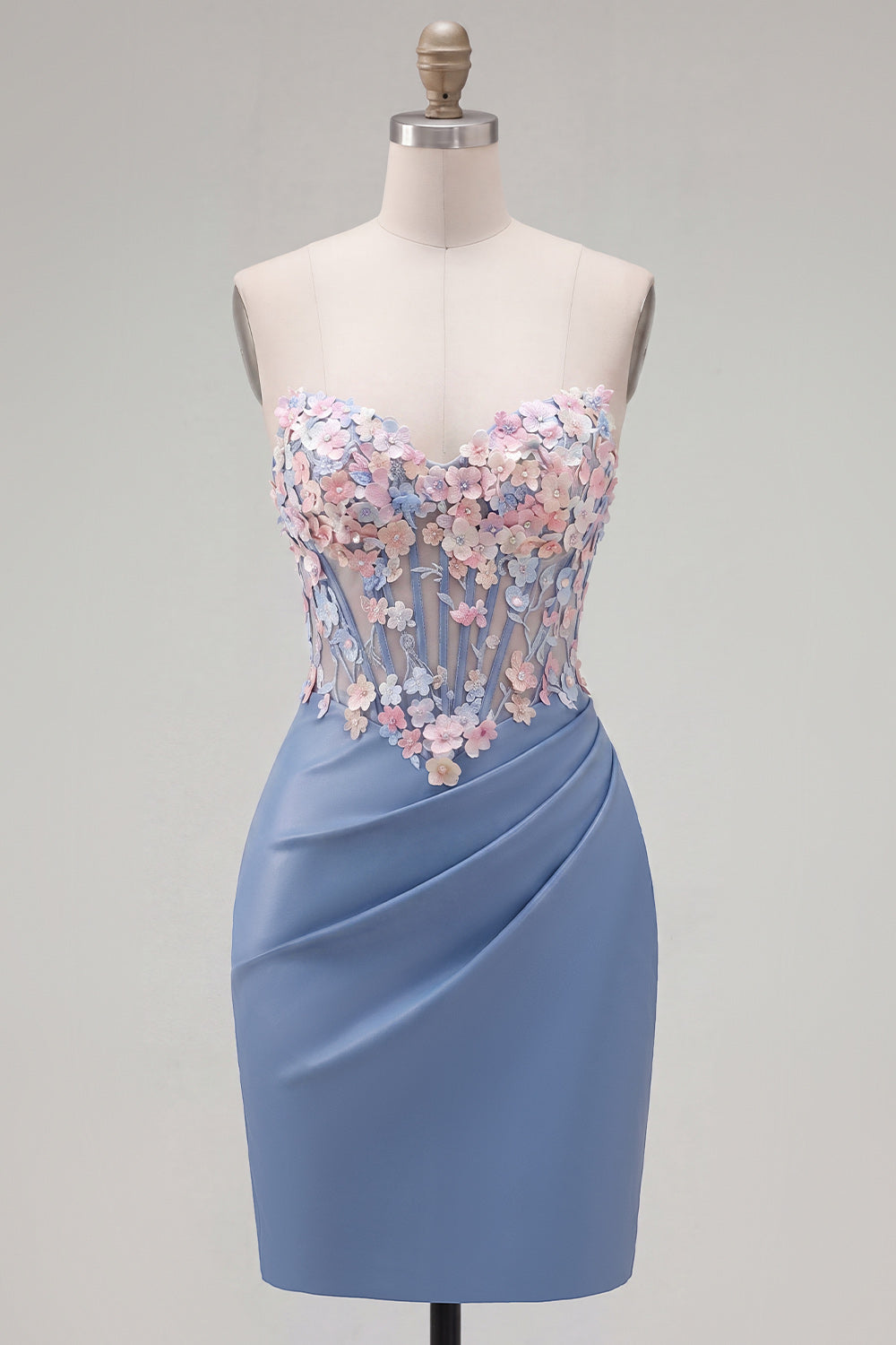 Strapless Tight Blue Ruched Short Corset Homecoming Dress with 3D Flowers