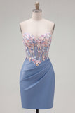 Strapless Tight Blue Ruched Short Corset Homecoming Dress with 3D Flowers