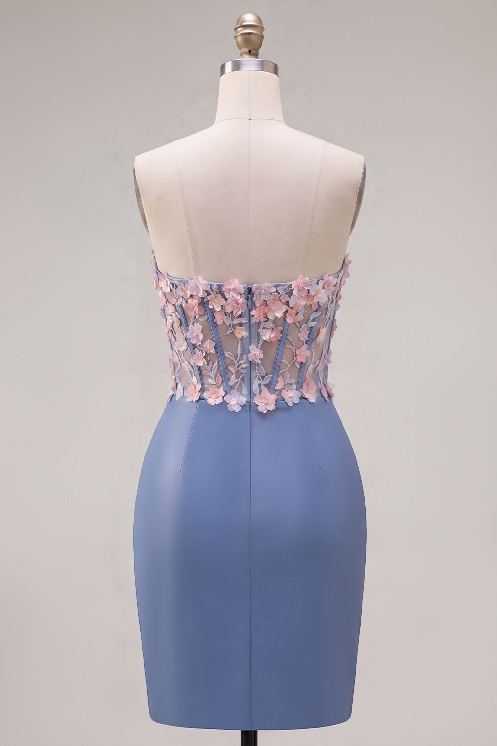 Strapless Tight Blue Ruched Short Corset Homecoming Dress with 3D Flowers