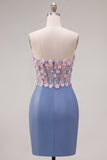 Strapless Tight Blue Ruched Short Corset Homecoming Dress with 3D Flowers
